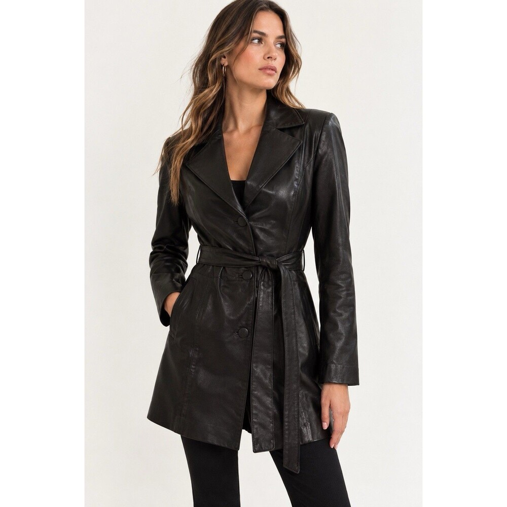 Vintage USA Leather Black Genuine Leather Belted Trench Coat Jacket Y2K Size S